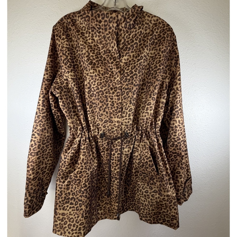 Capelli New York Womens  Leopard Rain Coat Zipper Snaps Drawstring Pockets Sz L